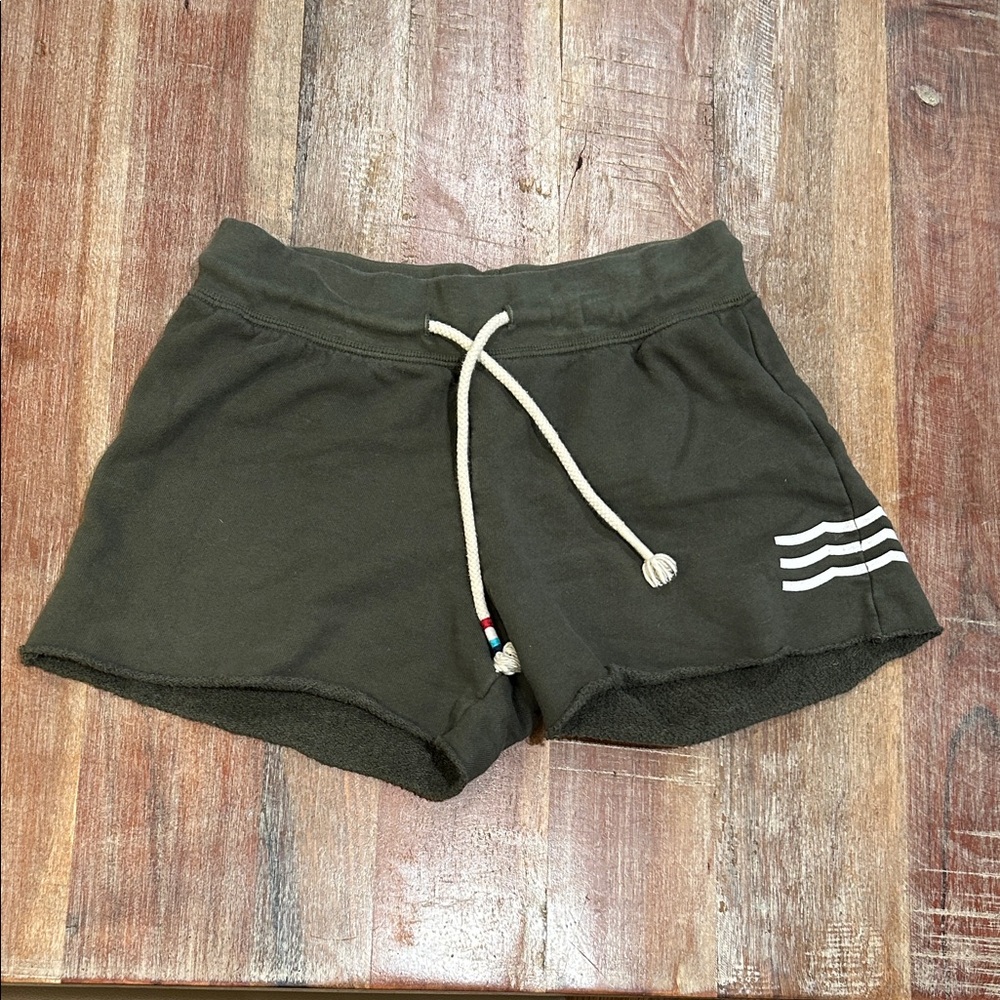 Sol Angeles Olive Green Hacci Fleece Shorts with Drawstring White Waves
